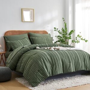 wuruibo queen comforter set,7 pieces bed in a bag green tufted comforters queen size,stripe textured soft microfiber all season bedding set(green,queen)