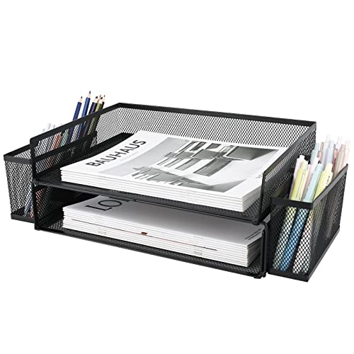 ProAid Paper Letter Tray Organizer with 2 Pen Holders, 2 Tier Stackable Desktop File Organizer, Mesh Office Supplies Desk Organizer, Black