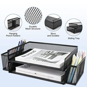 ProAid Paper Letter Tray Organizer with 2 Pen Holders, 2 Tier Stackable Desktop File Organizer, Mesh Office Supplies Desk Organizer, Black