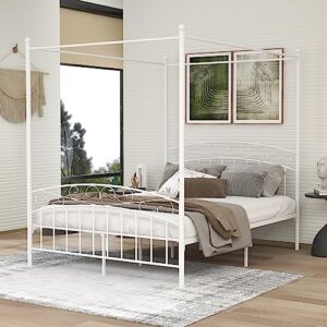 aufank queen size canopy bed frame four-poster metal platform bed with headboard and footboard sturdy heavy duty steel slat support no box spring needed white