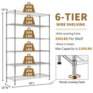 YYkokocat Wire Shelving Unit 2100LB Capacity Metal Shelves 82" H× 48L×18W 6 Tier Adjustable Storage Shelf w/Wheels Heavy Duty Shelves NSF Wire Rack Shelving for Kitchen Office Garage, Chrome…