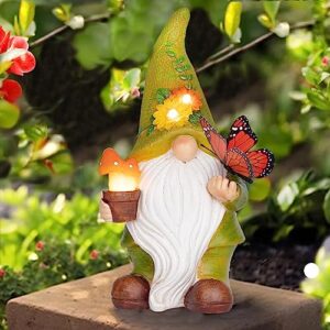 foreby garden gnomes outdoor garden decor-resin gnome with solar outdoor lights decorative mushroom and vivid butterfly spring gnomes decorations for yard decor,gardening gifts for women