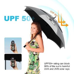 Fulynmen 62Inch UPF50+ Uv Umbrella Uv Blocker Large Golf Umbrella, Auto Open Extra Large Sun Umbrella Uv Protection Double Canopy Vented Windproof Waterproof Rain Umbrella Silver/Black