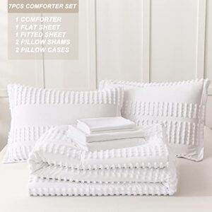 OARAGE White Full Size Comforter Sets with Sheets- Tufted Bedding Sets Full 7 Pieces,Shabby Chic Pom Pom Boho Comforter Bedding Set,Soft Microfiber Bed in a Bag for All Seasons