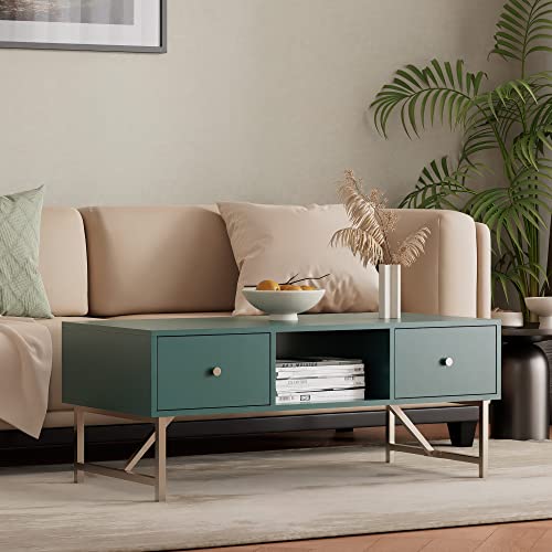 Cozy Castle Coffee Table with Drawers, 43" Mid Century Modern Coffee Table with Storage, Coffee Table with Metal Legs, Wood Small Coffee Table for Living Room, Bedroom and Office, Green