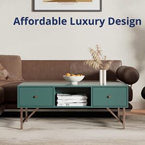 Cozy Castle Coffee Table with Drawers, 43" Mid Century Modern Coffee Table with Storage, Coffee Table with Metal Legs, Wood Small Coffee Table for Living Room, Bedroom and Office, Green