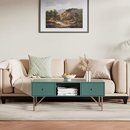 Cozy Castle Coffee Table with Drawers, 43" Mid Century Modern Coffee Table with Storage, Coffee Table with Metal Legs, Wood Small Coffee Table for Living Room, Bedroom and Office, Green