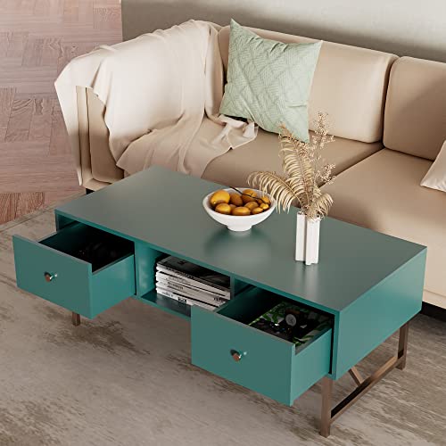 Cozy Castle Coffee Table with Drawers, 43" Mid Century Modern Coffee Table with Storage, Coffee Table with Metal Legs, Wood Small Coffee Table for Living Room, Bedroom and Office, Green