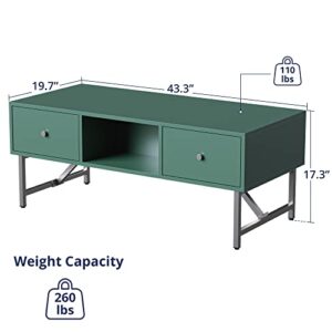 Cozy Castle Coffee Table with Drawers, 43" Mid Century Modern Coffee Table with Storage, Coffee Table with Metal Legs, Wood Small Coffee Table for Living Room, Bedroom and Office, Green