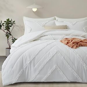 bedazzled white comforter set queen size - 3 pieces ruffle queen comforter, textured bedding comforter sets lightweight and vintage bed set for all season, bed in a bag with 2 pillowcases