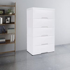 Plastic Drawers Storage Cart Mobile Cabinet with Casters, 5 Drawer Stackable Vertical Clothes Storage Tower Tall Chest Closet, Large Containers Organizer Unit (12"D x 18"W x 33"H - White)