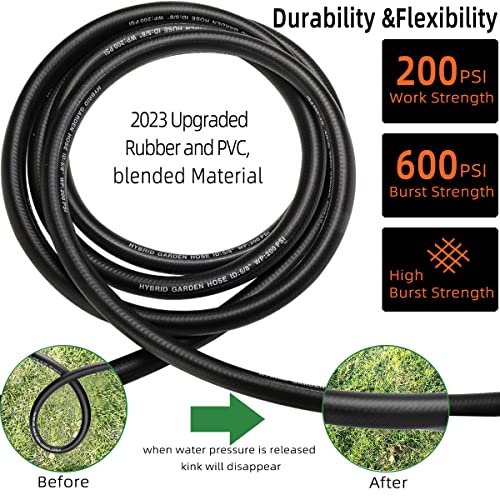 50 ft Hybrid Garden Hose–No Kink Lightweigh Flexible,Leakproof Water Hose with PVC Reliefs–5/8 in ID,3/4"Solid Brass Connectors-Rubber Car Hoses Pipe for outdoor Watering& Washing,600 Burst PSI