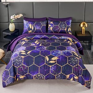 angiyuin 7pcs bed-in-a-bag purple gold marble king comforter set with sheets, 3d geometric hexagon theme decor yellow leaf bedding set, modern foil print duvet insert for all season (purple king)