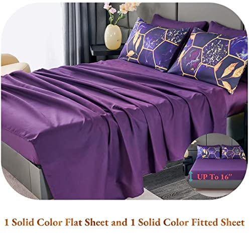 ANGIYUIN 7Pcs Bed-in-A-Bag Purple Gold Marble King Comforter Set with Sheets, 3D Geometric Hexagon Theme Decor Yellow Leaf Bedding Set, Modern Foil Print Duvet Insert for All Season (Purple King)