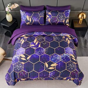 ANGIYUIN 7Pcs Bed-in-A-Bag Purple Gold Marble King Comforter Set with Sheets, 3D Geometric Hexagon Theme Decor Yellow Leaf Bedding Set, Modern Foil Print Duvet Insert for All Season (Purple King)