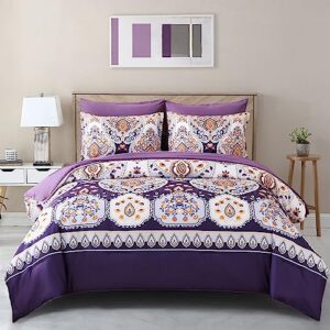 djy purple comforter set queen, 7 piece bed in a bag boho paisley floral comforter set with sheets soft microfiber complete bedding set for all season