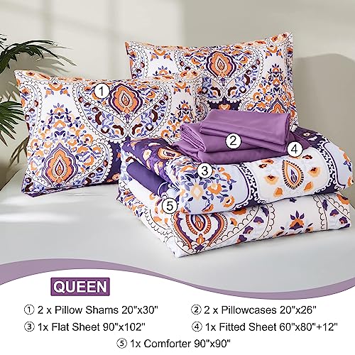 DJY Purple Comforter Set Queen, 7 Piece Bed in a Bag Boho Paisley Floral Comforter Set with Sheets Soft Microfiber Complete Bedding Set for All Season