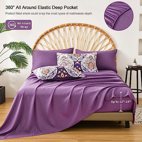DJY Purple Comforter Set Queen, 7 Piece Bed in a Bag Boho Paisley Floral Comforter Set with Sheets Soft Microfiber Complete Bedding Set for All Season