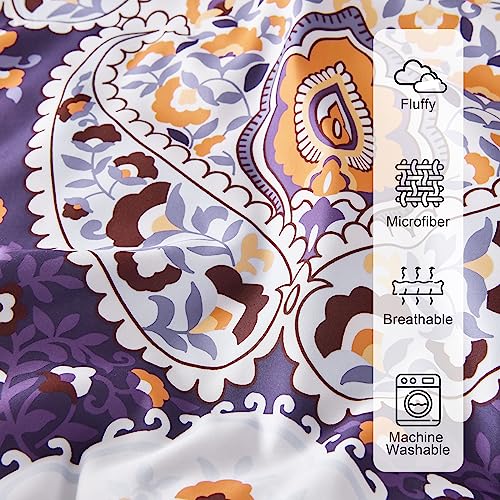 DJY Purple Comforter Set Queen, 7 Piece Bed in a Bag Boho Paisley Floral Comforter Set with Sheets Soft Microfiber Complete Bedding Set for All Season