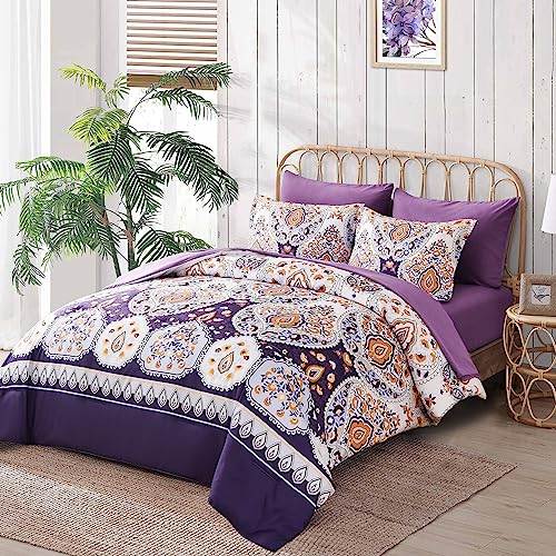 DJY Purple Comforter Set Queen, 7 Piece Bed in a Bag Boho Paisley Floral Comforter Set with Sheets Soft Microfiber Complete Bedding Set for All Season