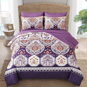 DJY Purple Comforter Set Queen, 7 Piece Bed in a Bag Boho Paisley Floral Comforter Set with Sheets Soft Microfiber Complete Bedding Set for All Season