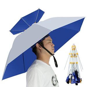 new-vi umbrella hat folding adjustable sun rain cap, 37.4” upf 50+ uv protection large hands free umbrellas, 7-ribs waterproof headwear for fishing gardening golf sunshade outdoor (silver)