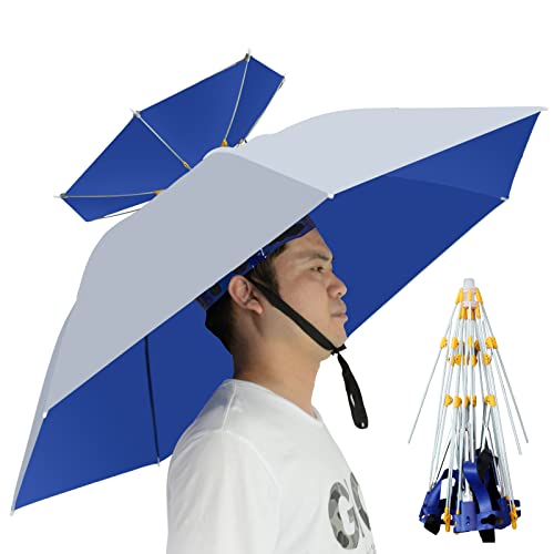 NEW-Vi Umbrella Hat Folding Adjustable Sun Rain Cap, 37.4” UPF 50+ UV Protection Large Hands Free Umbrellas, 7-Ribs Waterproof Headwear for Fishing Gardening Golf Sunshade Outdoor (Silver)