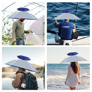 NEW-Vi Umbrella Hat Folding Adjustable Sun Rain Cap, 37.4” UPF 50+ UV Protection Large Hands Free Umbrellas, 7-Ribs Waterproof Headwear for Fishing Gardening Golf Sunshade Outdoor (Silver)