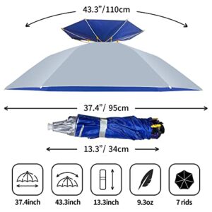 NEW-Vi Umbrella Hat Folding Adjustable Sun Rain Cap, 37.4” UPF 50+ UV Protection Large Hands Free Umbrellas, 7-Ribs Waterproof Headwear for Fishing Gardening Golf Sunshade Outdoor (Silver)