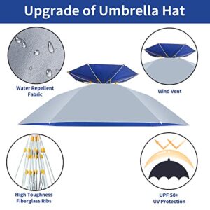 NEW-Vi Umbrella Hat Folding Adjustable Sun Rain Cap, 37.4” UPF 50+ UV Protection Large Hands Free Umbrellas, 7-Ribs Waterproof Headwear for Fishing Gardening Golf Sunshade Outdoor (Silver)