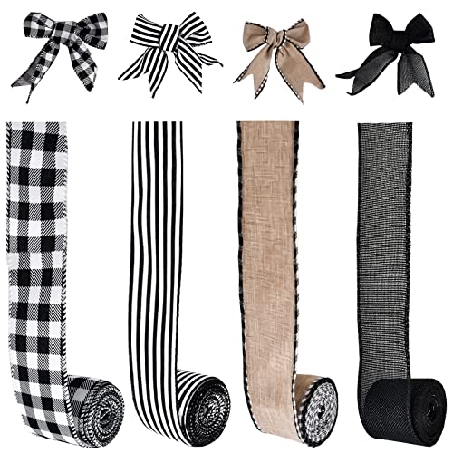 MuRealy Wreath Ribbons - 2.5 Inch Black Burlap Ribbon and Polyester with Buffalo Plaid, Stripes and Plaid Edged Ribbons, 4 Rolls 20 Yards Ribbons for Christmas, Weddings, Gifts Wrapping and Bow Decor