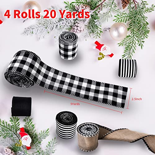 MuRealy Wreath Ribbons - 2.5 Inch Black Burlap Ribbon and Polyester with Buffalo Plaid, Stripes and Plaid Edged Ribbons, 4 Rolls 20 Yards Ribbons for Christmas, Weddings, Gifts Wrapping and Bow Decor