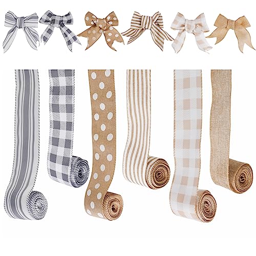 MuRealy Wired Ribbons - Polyester Buffalo Plaid, Stripes, Dot, and One Burlap, Metal Wired Edge 2.5 inch Ribbons, 6 Rolls 30 Yards, Decorative Ribbons for Christmas, Parties, Gifts and Big Bow