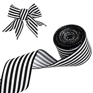 murealy ribbon for crafts wired - black and white striped polyester wired ribbon, 10 yards 2.5 inch wired ribbon, christmas ribbon wired, craft ribbon for diy packaging, wreath and bow decorative