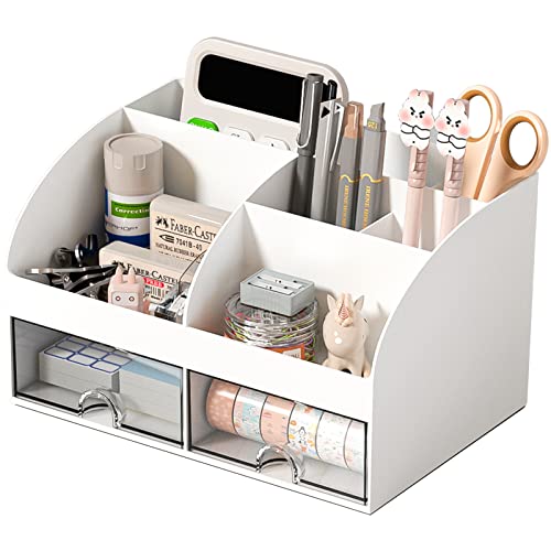 COMFYROOM Desk Organizer and Accessories with 6 Compartments and 2 Drawers, Plastic Makeup Organizer, Pen Holder for Desktop Storage, Desk Organization for School, Home, Office Supplies (White)