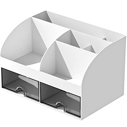 COMFYROOM Desk Organizer and Accessories with 6 Compartments and 2 Drawers, Plastic Makeup Organizer, Pen Holder for Desktop Storage, Desk Organization for School, Home, Office Supplies (White)