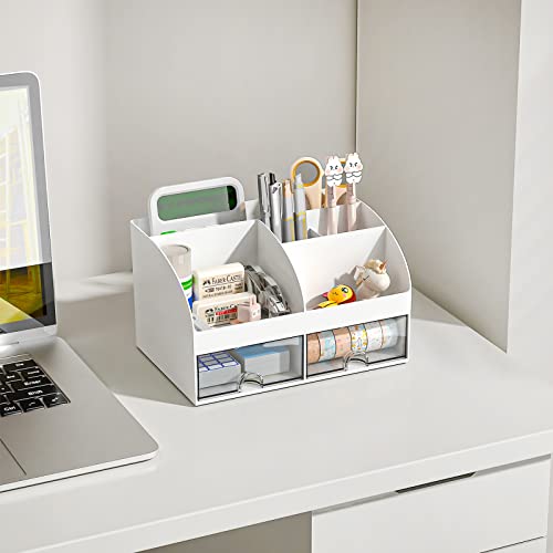 COMFYROOM Desk Organizer and Accessories with 6 Compartments and 2 Drawers, Plastic Makeup Organizer, Pen Holder for Desktop Storage, Desk Organization for School, Home, Office Supplies (White)