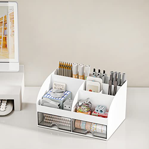 COMFYROOM Desk Organizer and Accessories with 6 Compartments and 2 Drawers, Plastic Makeup Organizer, Pen Holder for Desktop Storage, Desk Organization for School, Home, Office Supplies (White)