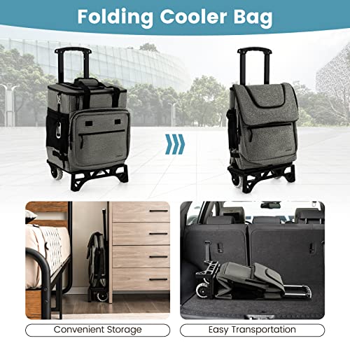 Goplus 50-Can Collapsible Rolling Cooler, 3-in-1 Portable Insulated Soft Cooler Bag w/Movable Wheels, Adjustable Handle, Leakproof Cooler Trolley for Beach Camping Patio Travel Outdoor (Gray)