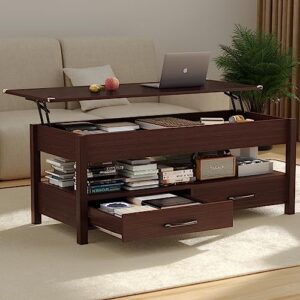 veelok lift top coffee table for living room with hidden storage compartment 2 drawers and shelf large convertible coffee table, 43.3" modern wood coffee table, 445lbs max weight, espresso