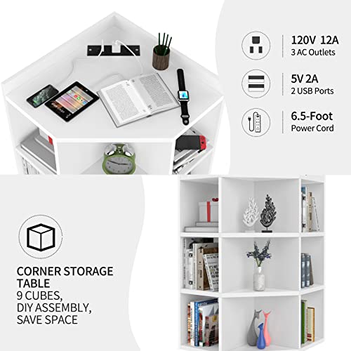 Corner Cabinet, Corner Cube Storage Organizer, Wooden Corner Bookshelf, Corner Cube Toy Storage with USB Ports, 9 Units Bookshelf for Playroom, Bedroom, Living Room