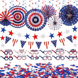 33pcs 4th/fourth of july patriotic decorations set, red white blue paper fans and american flag glasses, usa flag pennant, star streamer, confetti,hanging swirls,photo booth props party decor supplies
