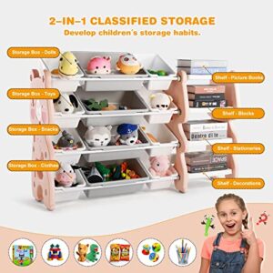 JOYLDIAS Kids Toy Storage Organizer with 4-Tier Shelf and 12 Removable Bins for Boys Girls Children's Room, Nursery, 47.2''x13.8''x33'', Pink