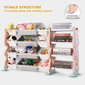 JOYLDIAS Kids Toy Storage Organizer with 4-Tier Shelf and 12 Removable Bins for Boys Girls Children's Room, Nursery, 47.2''x13.8''x33'', Pink