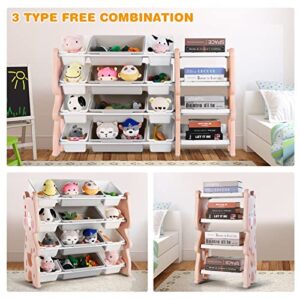 JOYLDIAS Kids Toy Storage Organizer with 4-Tier Shelf and 12 Removable Bins for Boys Girls Children's Room, Nursery, 47.2''x13.8''x33'', Pink