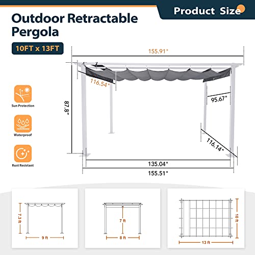 HAPPATIO 10' X 13' Pergola Retractable Pergola Canopy with White Frame for Backyards, Gardens, Patios, Outdoor Pergola with Sun and Rain-Proof Canopy (Gray)