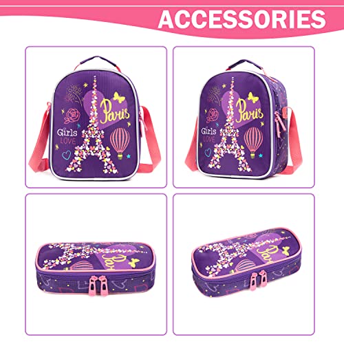 Meetbelify Kids Rollling Backpack for Girls Kids Luggage Suitcase with Lunch Box Set for Elementary Student Travel Backpack with Wheels for Girls Age 6-8 Purple School Bag