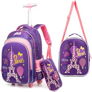 meetbelify kids rollling backpack for girls kids luggage suitcase with lunch box set for elementary student travel backpack with wheels for girls age 6-8 purple school bag