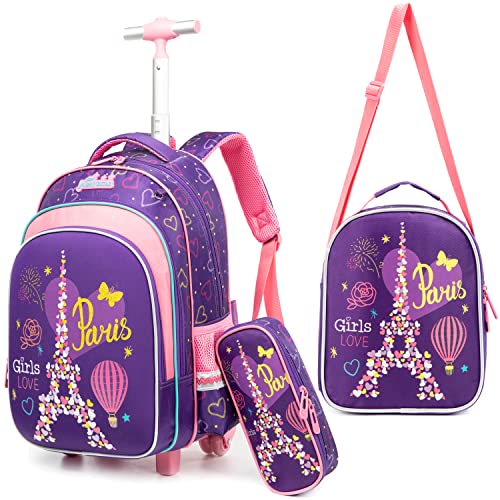 Meetbelify Kids Rollling Backpack for Girls Kids Luggage Suitcase with Lunch Box Set for Elementary Student Travel Backpack with Wheels for Girls Age 6-8 Purple School Bag