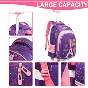 Meetbelify Kids Rollling Backpack for Girls Kids Luggage Suitcase with Lunch Box Set for Elementary Student Travel Backpack with Wheels for Girls Age 6-8 Purple School Bag